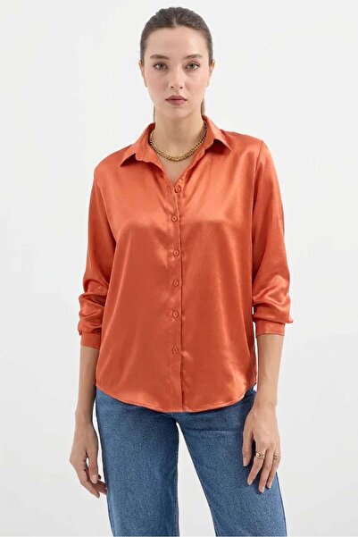 Generic Brand Women's Lightly Draped Satin Orange Shirt