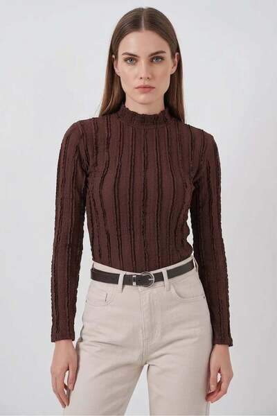 Generic Brand Women's High Collar Textured Brown Blouse