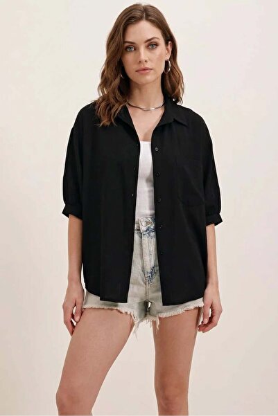 ALFA AKSESUAR 03 Women's Short Sleeve Basic Oversize Cotton Black Shirt