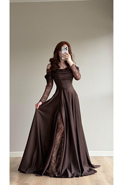 ayşenur Dinçer butik Royal Dantel Detaylı Kahverengi Abiye