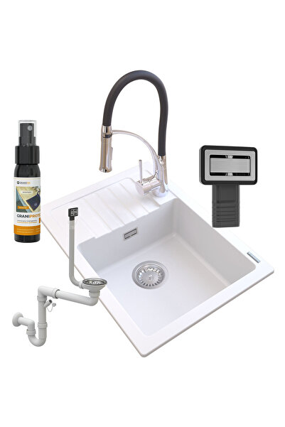 Granitan Set Chiuveta Granit Argos, Alb 620x440mm, Baterie Nexo, Sifon, Impre...
