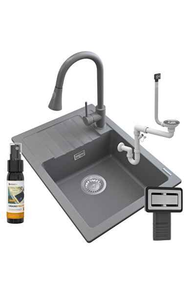 Granitan Set Chiuveta Granit ARGOS, Gri 620x440mm, Baterie Snake Slim Crom, S...