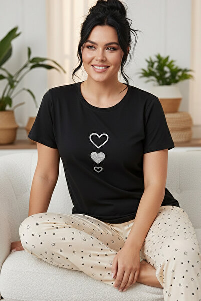 Siyah İnci Patterned Cotton Plus Size Oversized Knitted Pajama Set