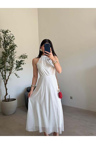 Bade Butik فستان شيفون منقط بحزام بلون إكرو
