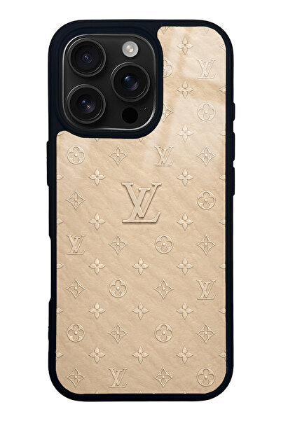 Spoyi iPhone 16 Pro Bej Gold LV Tasarımlı Glossy Telefon Kılıfı