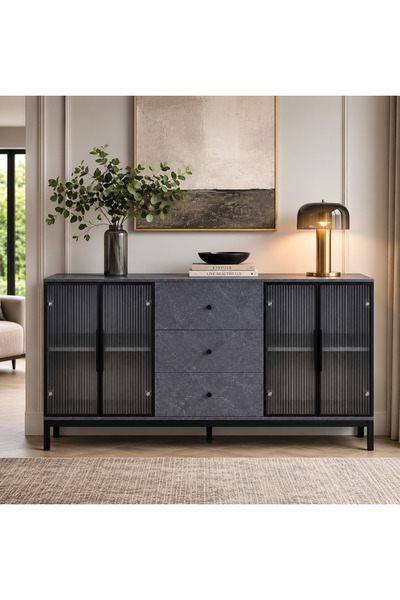 N.zone Modern Luxury Black Marble Design Buffet Cabinet with Striped Glass Do...