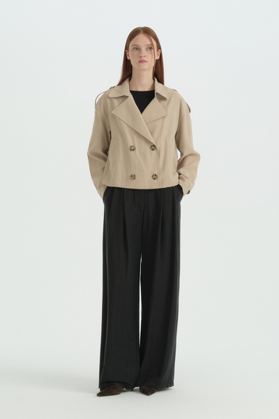 Nihan Double-Breasted Short Modal Trench Coat - Beige