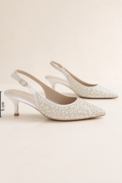 Women Lay-z Pantofi de mireasă albi cu perle pentru femei, toc de 5 cm, confo...