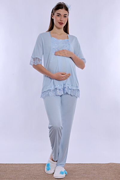 ByLohusa Adjustable Waist Detailed Maternity Pajama Set with Breastfeeding Fe...