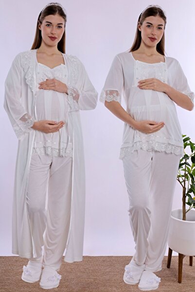 ByLohusa Cotton Long Robe Maternity Nursing Pajama Set Effortt - Ecru