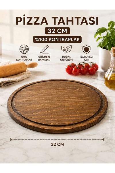 UZUN AHŞAP DEKORASYON Ahşap Pizza Tabağı Tahtası Pizza Altlığı 32 CM