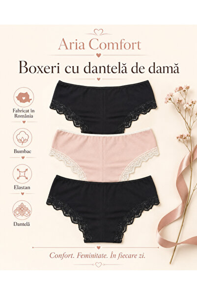 Aria Comfort Σετ 3 τεμαχίων γυναικεία μποξεράκια με δαντέλα – Βαμβακερά, Κατα...