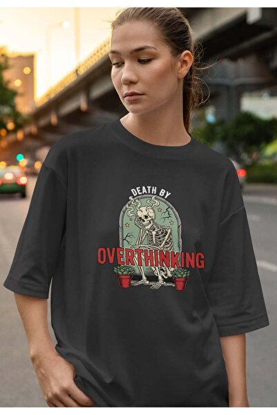 buzagi tasarım ürünleri Overthinking Unisex Oversize Black T-Shirt