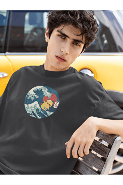 buzagi tasarım ürünleri Kanagawa Duck Unisex Oversize Black T-Shirt