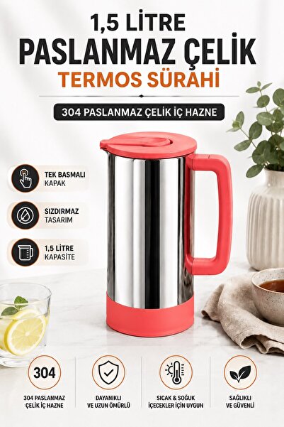 Sas Haus 1.5 Liter Stainless Steel Thermos Jug |   Single Push Cover |   Leak...