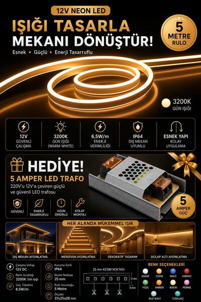 Noas 12V NEON LED 5 MT - 5 AMPER TRAFO HEDİYELİ