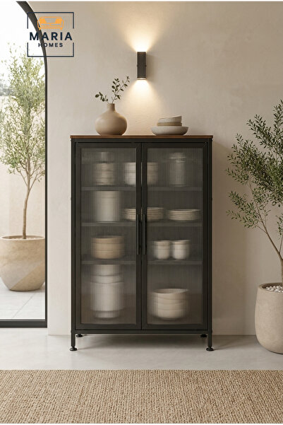 MARIA HOMES Industrial Metal Storage Cabinet with Glass Doors – Modern Displa...