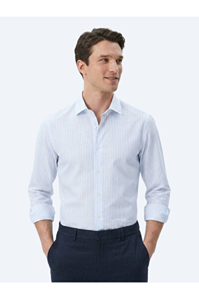 Kip Light Blue Striped Regular Fit Long Woven Casual Cotton Blend Shirt