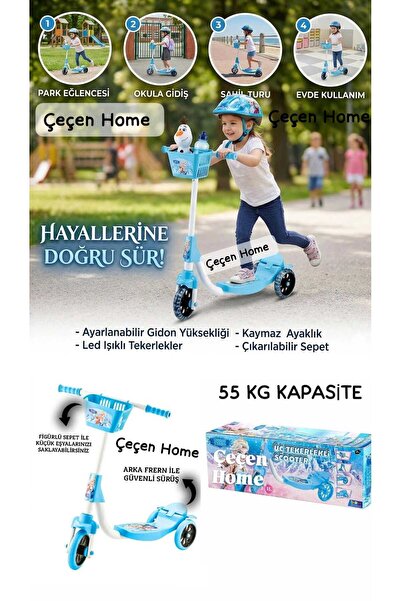ÇEÇEN HOME Prenses Temalı Kız Çocuk Scooter, Karlar Ülkesi Desenli 3 Tekerli ...