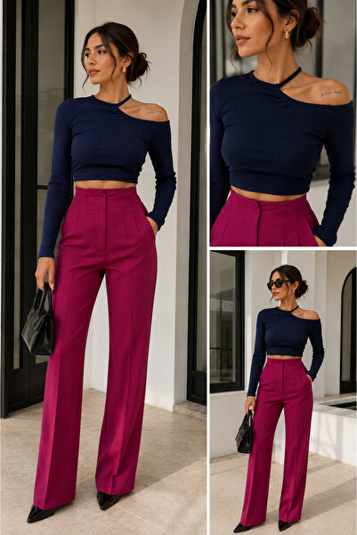 Heners Asymmetric Collar Ribbed Crop Blouse