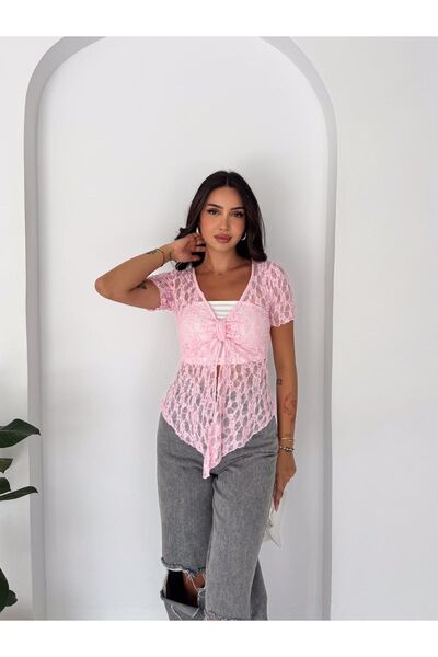 gozdefashion Women's Tie-Front Lace Blouse