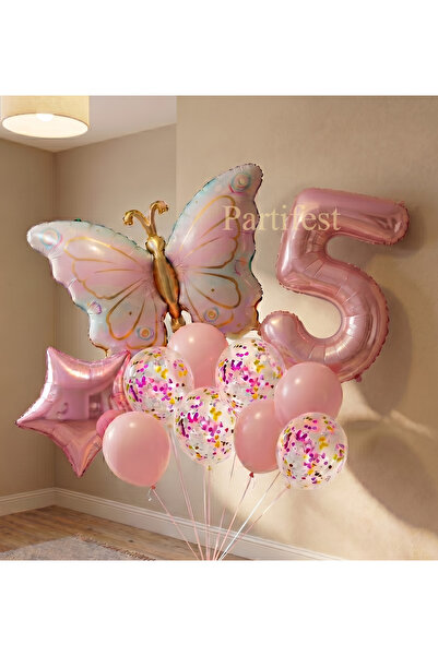 Partifest Kelebekli Doğum Günü Balon Seti Pembe - Folyo Rakamlı ve Konfetili ...
