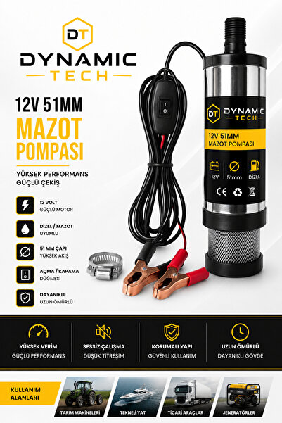DynamicTech 12 Volt Mazot Ve Su Zeytin Yağı Vs Sıvı Aktarma Pompası Dalgıç Pompa 60 Watt 51 mm