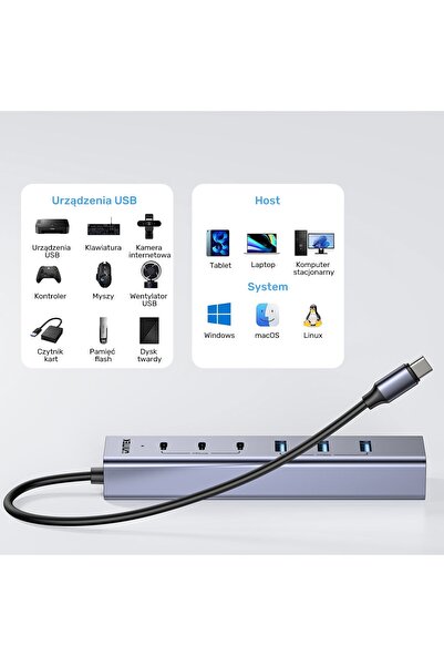 Unitek Hub activ USB-C cu 3 porturi USB-C 10Gbps și 4 porturi USB-A 5Gbps, cu...