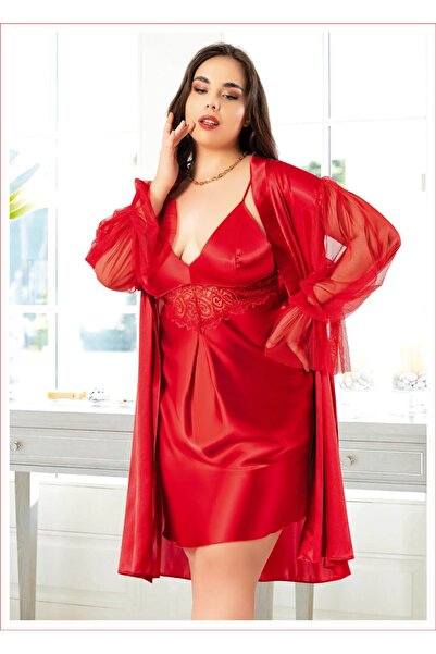 The Avenue Red Plus Size Satin Nightgown with Straps and Lace and Tulle Detail