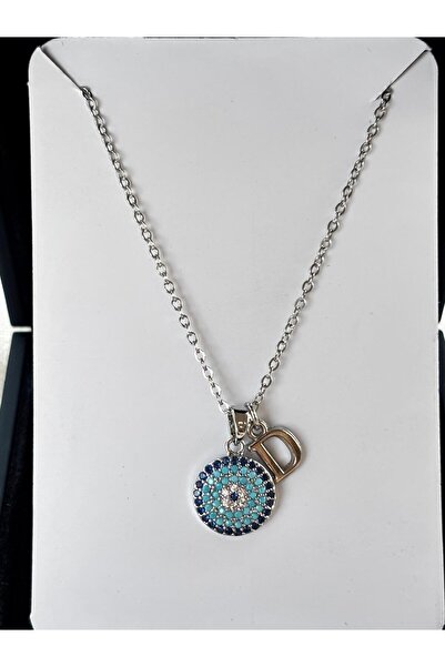 bijoux uniques Nazar boncuğu detaylı D harfli çelik kolye