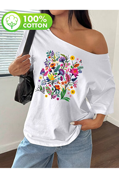 OVER HEAD Tricou de damă, 100% bumbac, cu imprimeu Flower Garden, cu decolteu...