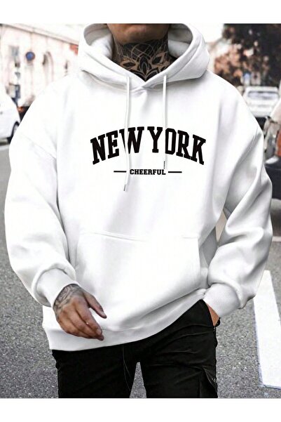 LAVİTTA New York Cheerful Thick Winter Sweatshirt - White Printed Oversize Ri...