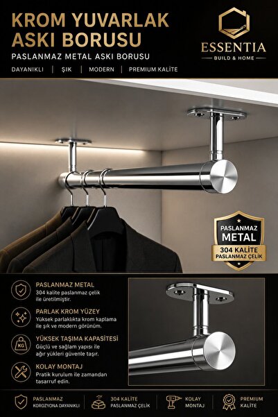 ESBH Krom Yuvarlak Askı Borusu Seti 65 cm – Paslanmaz Metal Dolap İçi Elbise ...