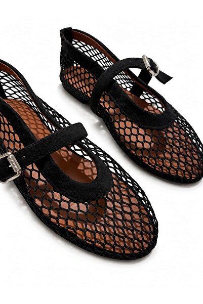 diclepolat Women's Black Mesh Mary Jane Ballerina Buckle Round Toe Summer Cas...