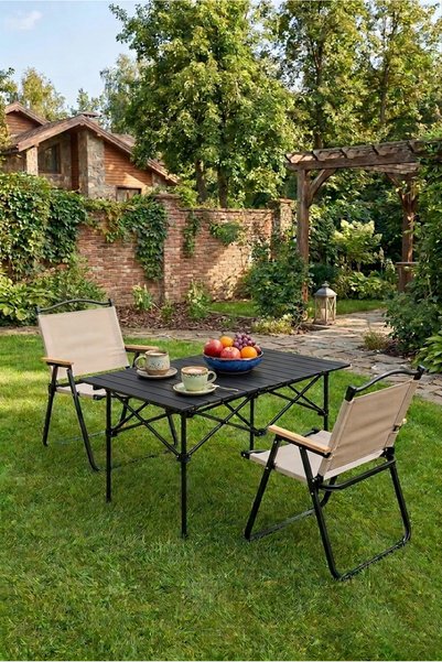 AGD Folding Camping Set, Includes Table and Two Chairs, Ideal for Picnics and Outdoor Activities, Table Dimensions 95 X 55 X 50 Cm, Black X Beige