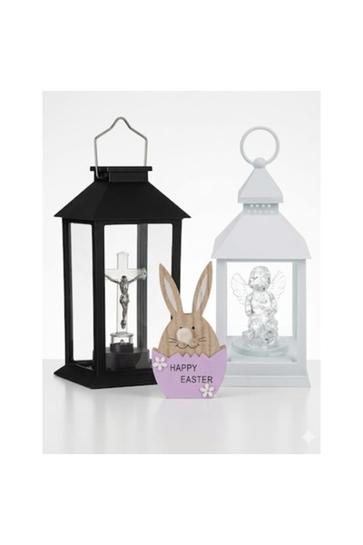 OEM Set de felinare decorative, Felinar solar negru 14x14x28cm, Felinar alb c...