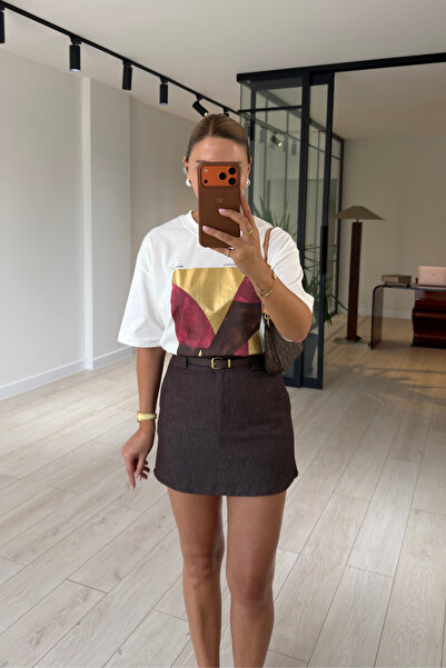 Sezgi Tekin Belted Pocket Detail Lycra Brown Short Skirt