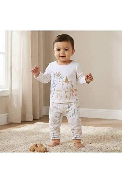 Juniors Cotton Crew Neck Long Sleeves Pyjama Set with Safari Print