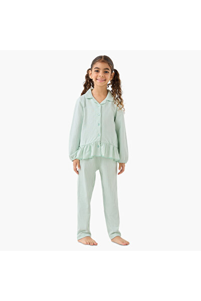 Juniors Cotton Collared Long Sleeves Pyjama Set with Striped Ruffle Detail