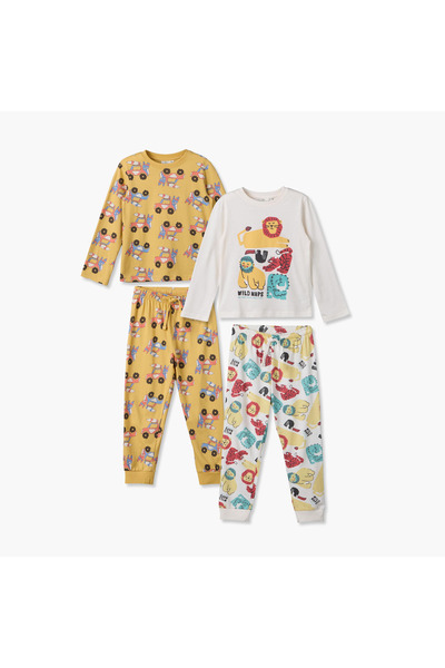 Juniors Pack of 2 Cotton Crew Neck Long Sleeves Pyjama Set with Assorted Print