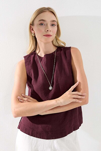 Lencie Sleeveless Linen Blouse Burgundy