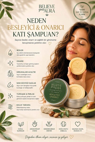 Believe Your Aura Besleyici Onarıcı Katı Şampuan - %100 Doğal İçerikler E-Vitamini Provitamin B5 Kuru ve Yıpranmış Saçlar - 100 gr