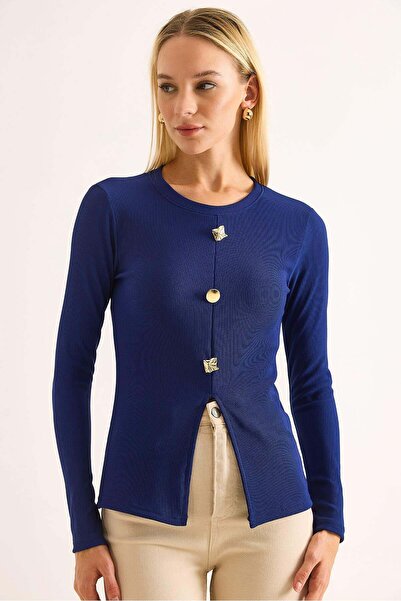 Raneel Kazançlı Alışveriş Gold buttoned slit blouse navy blue