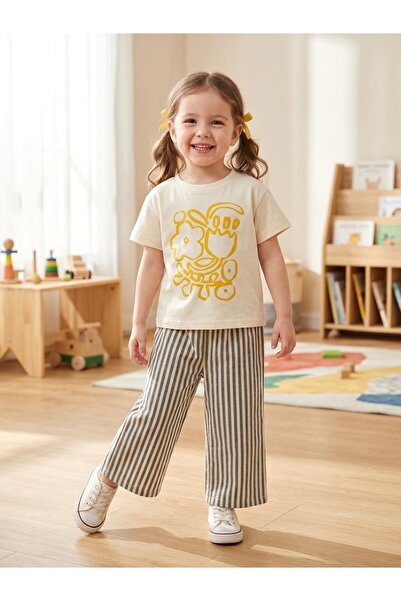 RÜYA KİDS Girl's Summer Set with Striped Detail Pants, 2-Piece Top and Bottom...