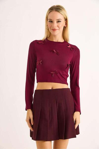 Raneel Kazançlı Alışveriş Women's ribboned long sleeve crop blouse burgundy