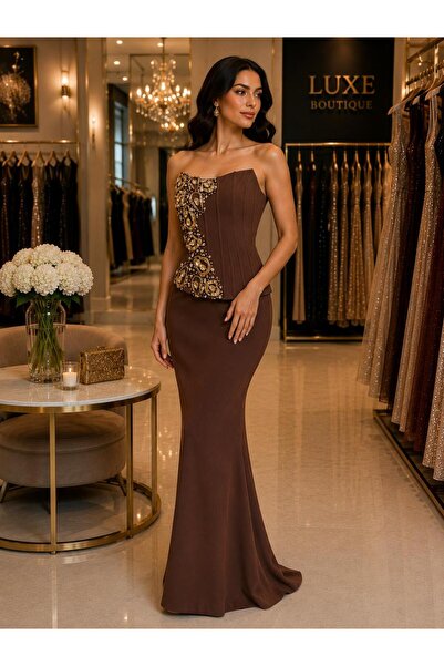 Hot Contact Gold Stone Embellished Strapless Mermaid Evening Dress 5345