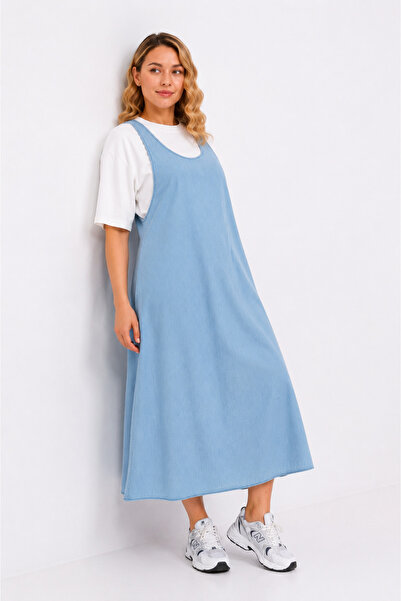 Şans Women's Plus Size Blue, Crew Neck Blouse+ Washed Thick Strap Slim Denim ...