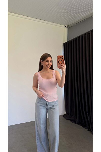 elif teke Ribbed Lace Basic Athlete Top Pink