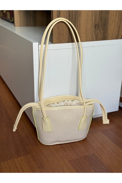 Bagnest Drawstring Canvas and Leather Detailed Women's Shoulder Bag
