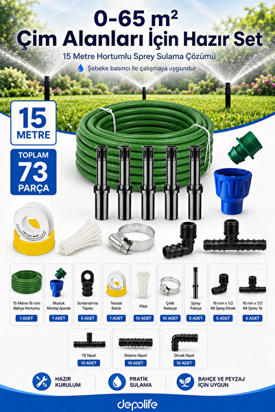 Depolife Bahçe Çim Alanları 0-65 m² 15 Metre Bahçe Hortumu Sprey Sulama Seti ...